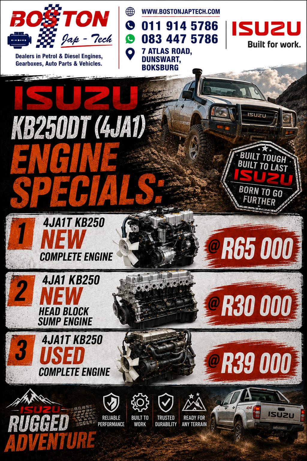 Isuzu KB250 DT 4JA1T Complete Engine Used