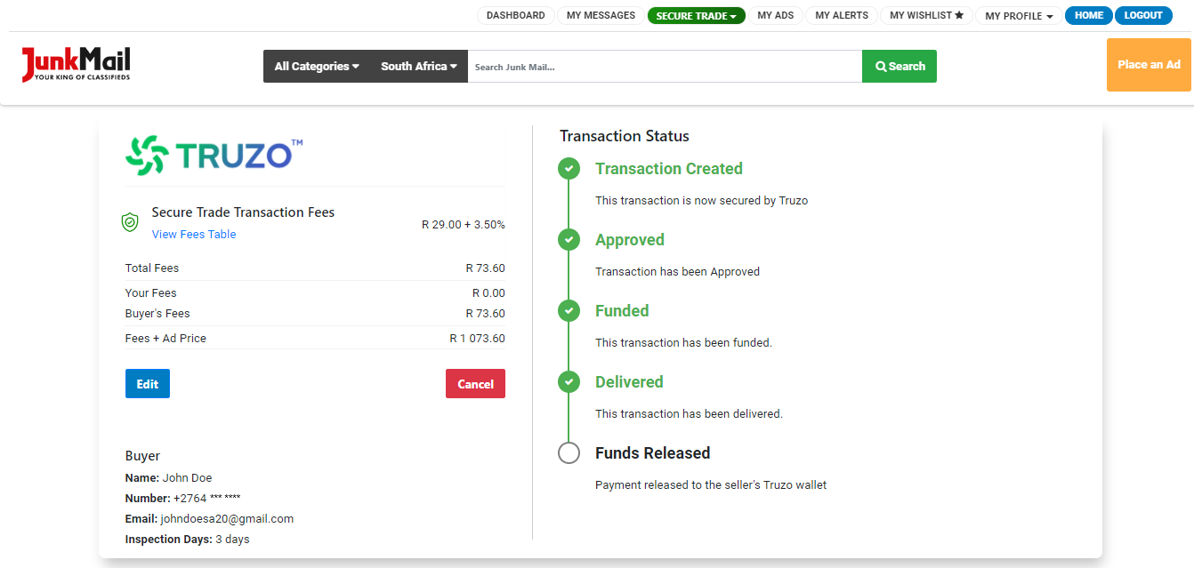 Secure Trade Transaction - Status Delivered | Junk Mail