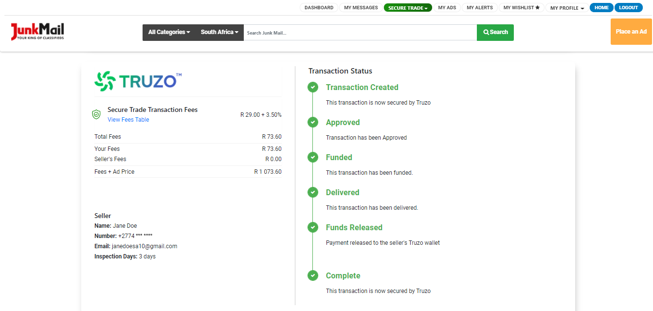 Completed Secure Trade Transaction | Junk Mail