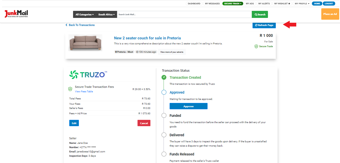 Secure Trade Transaction Status Refresh Button