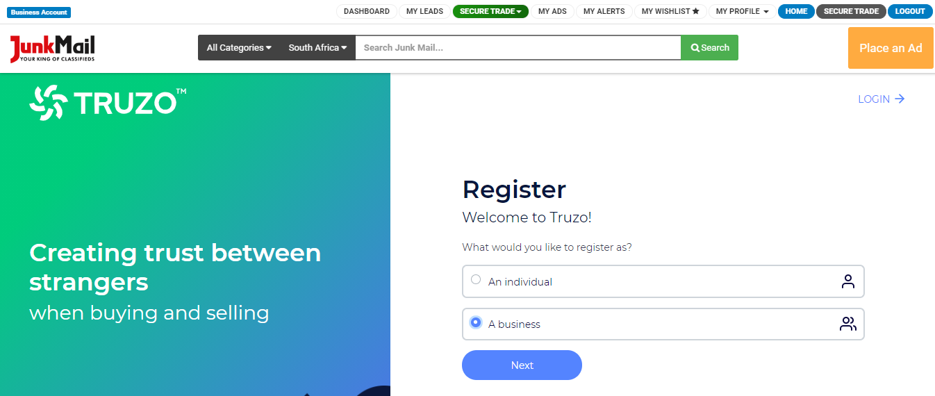 Registering for Secure Trade as a business on Junk Mail