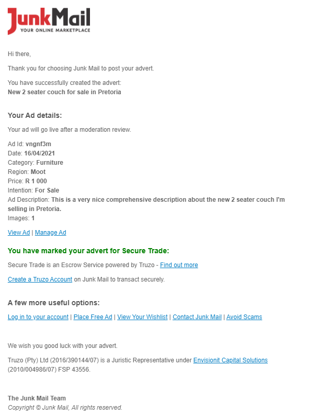 Successful advert placed email | Junk Mail