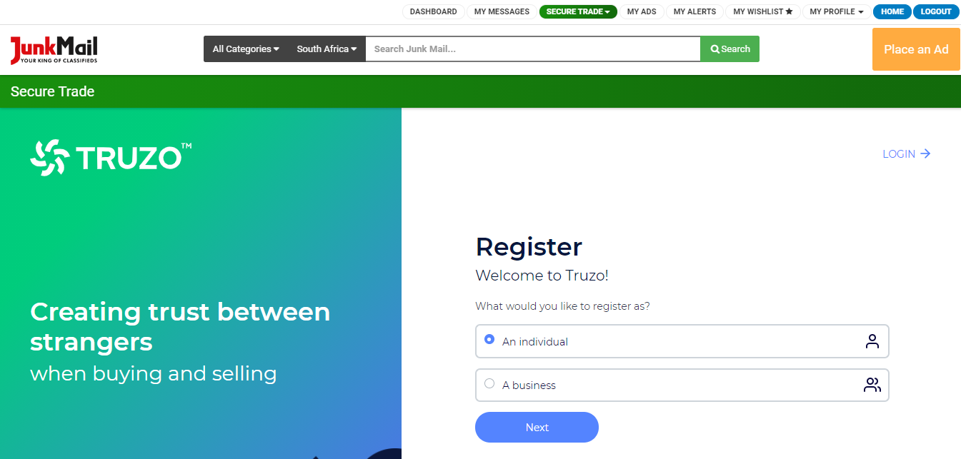 Register as an individual on Secure Trade | Junk Mail