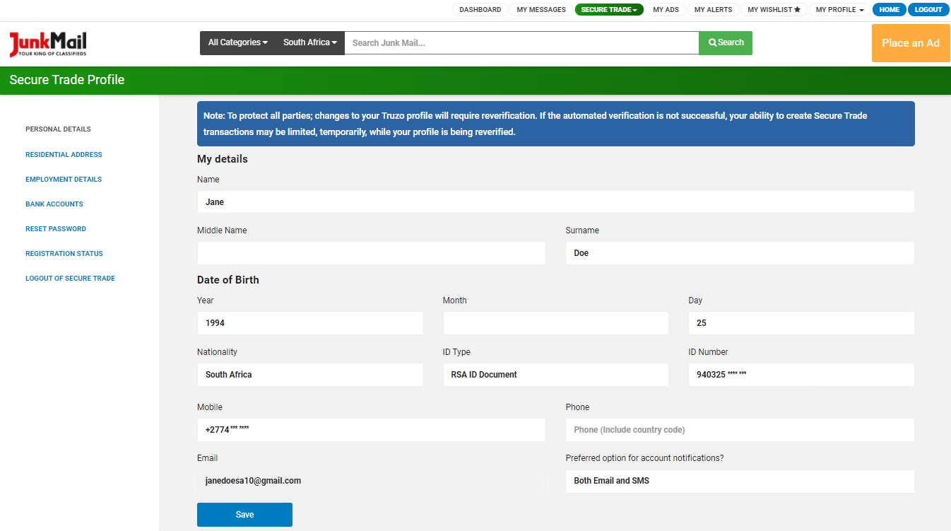 View and manage your personal details on Secure Trade | Junk Mail