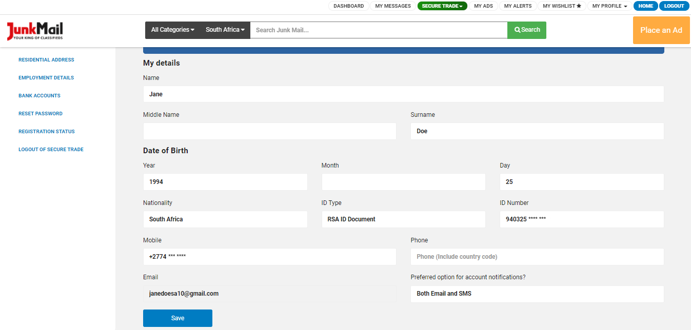View and manage your personal details on Secure Trade | Junk Mail