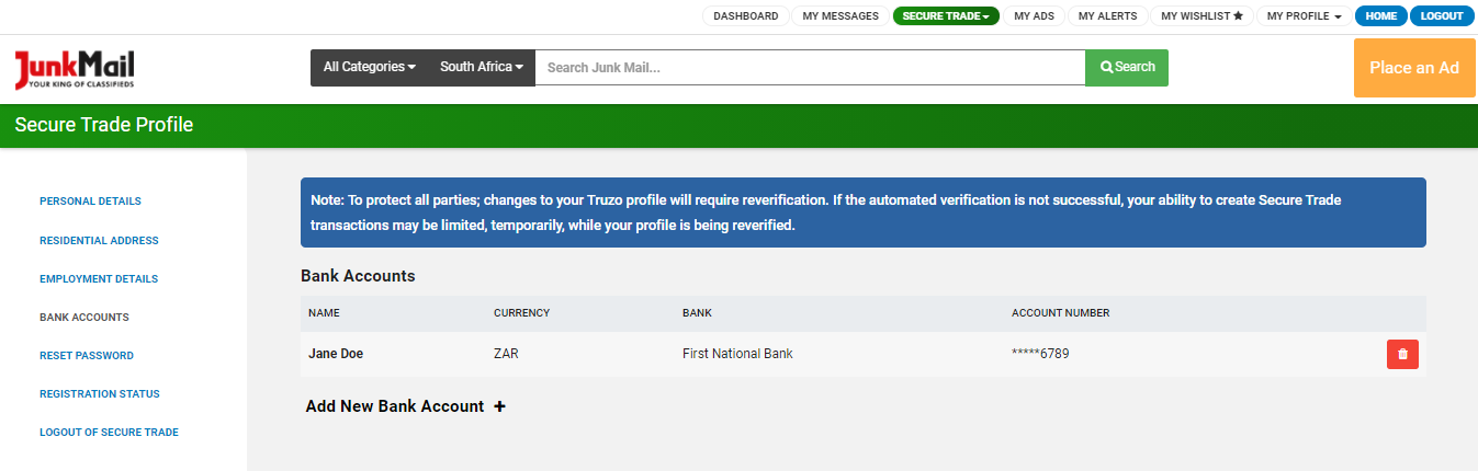 View and manage your bank details on Secure Trade | Junk Mail