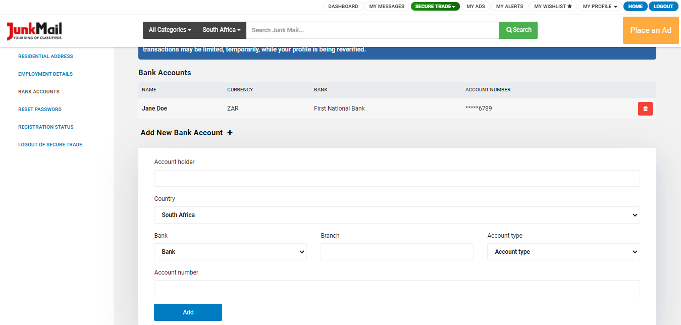View and manage your bank details on Secure Trade | Junk Mail