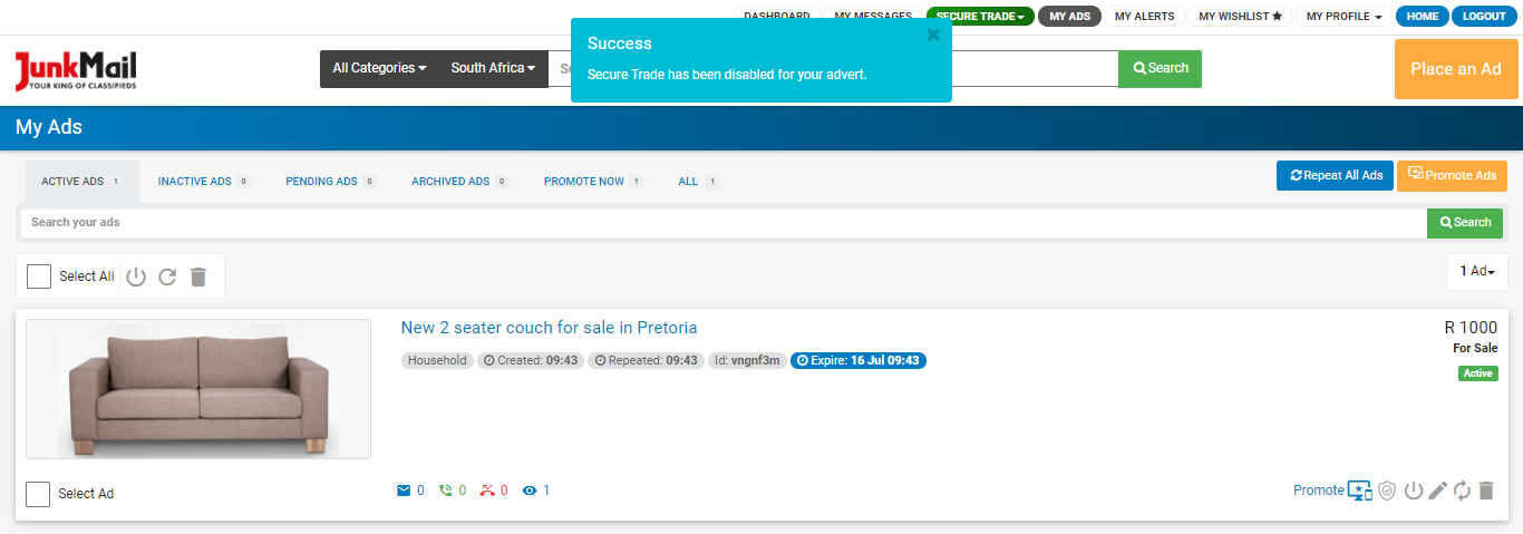Disabled Secure Trade on a Junk Mail Advert