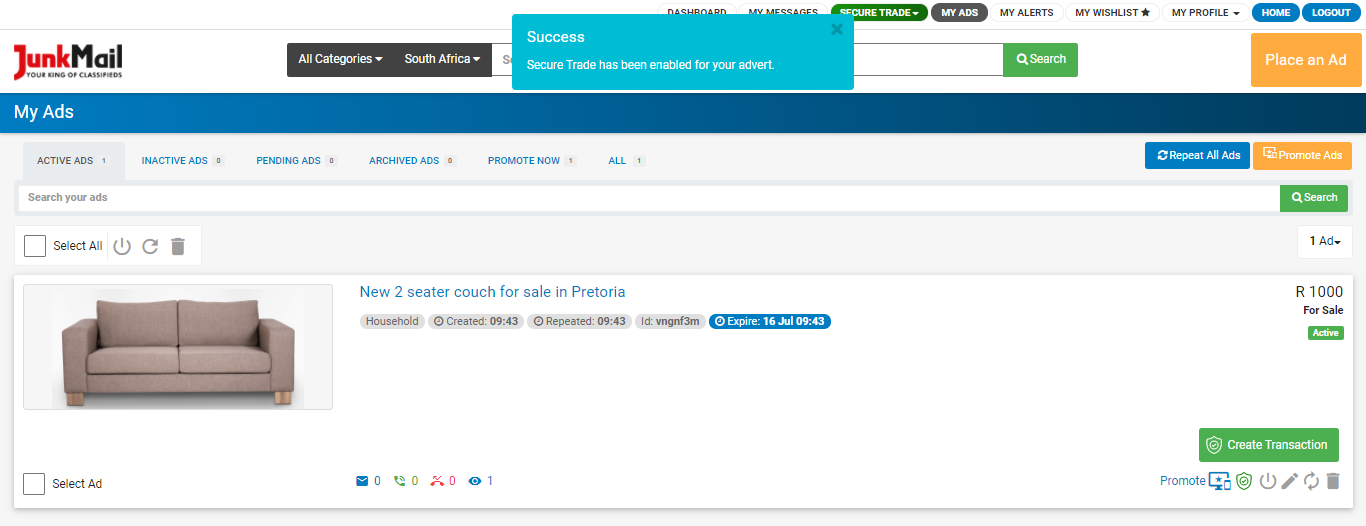 Enabled Secure Trade on a Junk Mail Advert