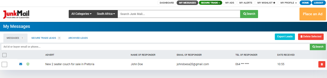 Junk Mail Leads Dashboard with Secure Trade Advert Enquiry