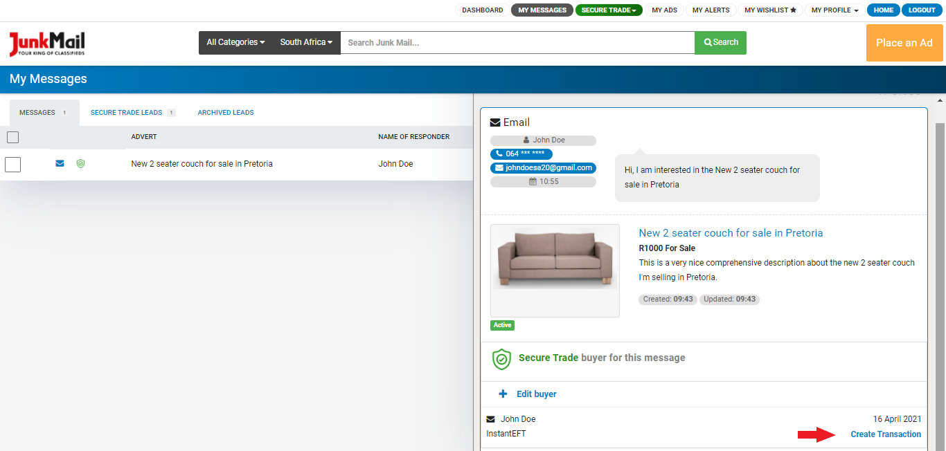 Junk Mail Leads Dashboard with Secure Trade Advert Enquiry