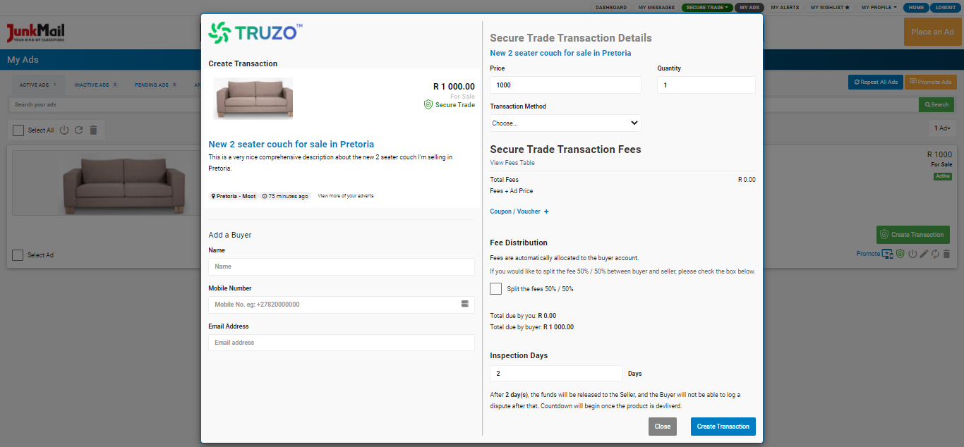 Create a Secure Trade Transaction from the Junk Mail ads dashboard