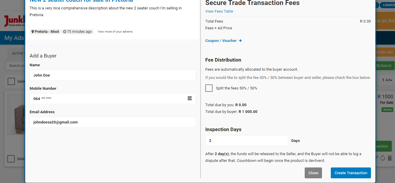 Fill in the buyer details when creating a Secure Trade transaction from the Junk Mail ads dashboard