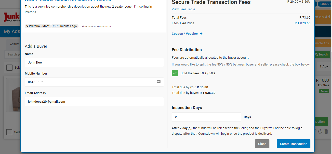 Creating a Secure Trade Transaction on Junk Mail | Splitting Transaction Fee