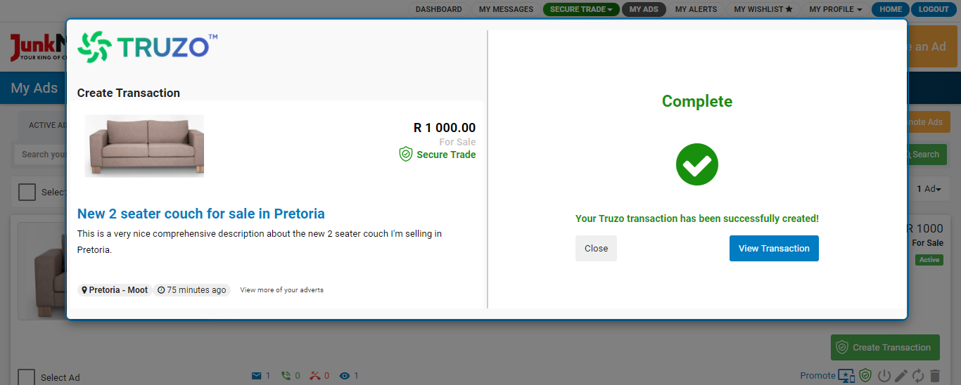 Secure Trade Transaction Created Successfully on Junk Mail