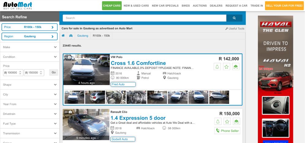 Refine your vehicle search on the Auto Mart Search Results Page