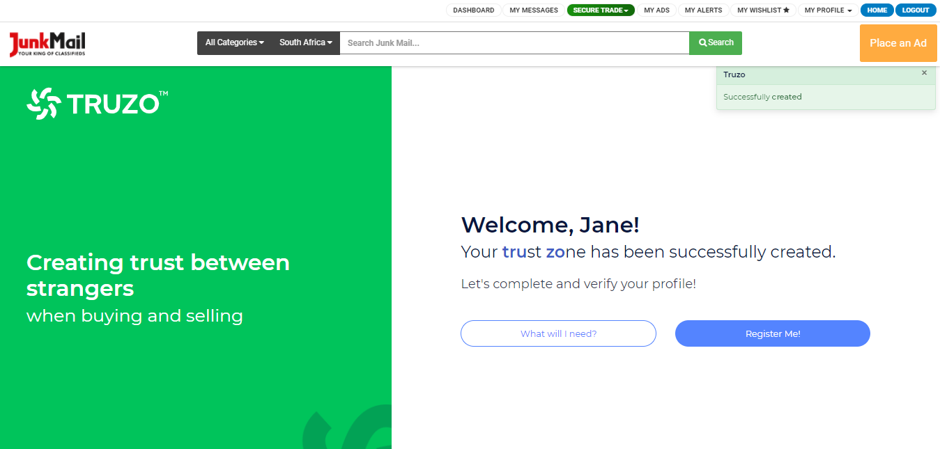 Successful Truzo Registration on Junk Mail